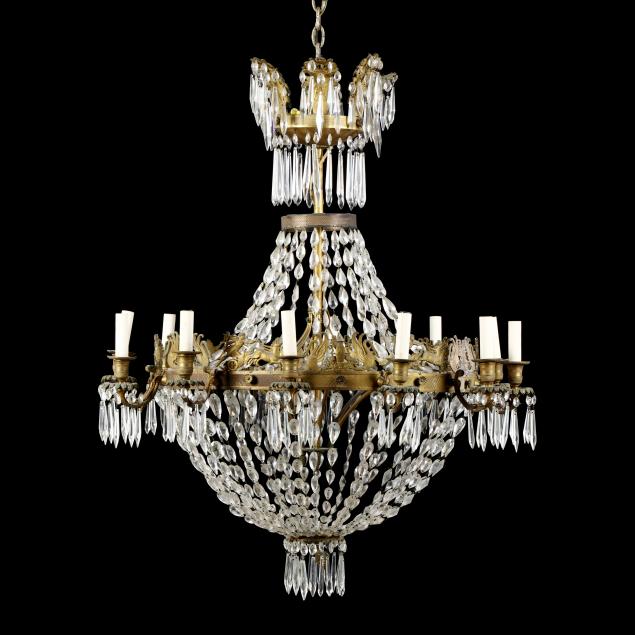 large-twelve-light-neoclassical-style-brass-and-drop-prism-chandelier