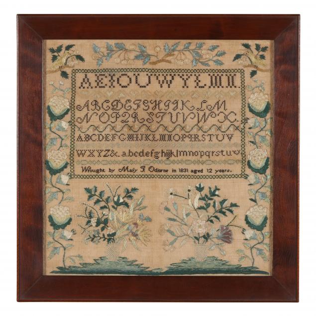 mary-odiorne-s-framed-1831-pictorial-needlework-sampler-new-hampshire
