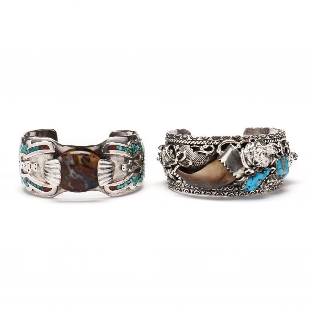 Two Vintage Navajo Silver Cuff Bracelets Lot Estate Jewelry