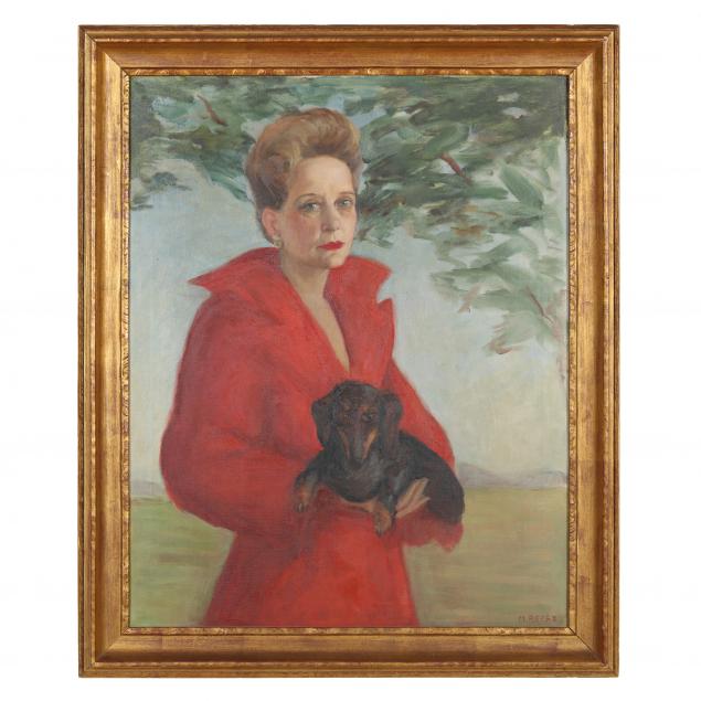 m-reese-american-20th-century-portrait-of-a-woman-with-dachshund