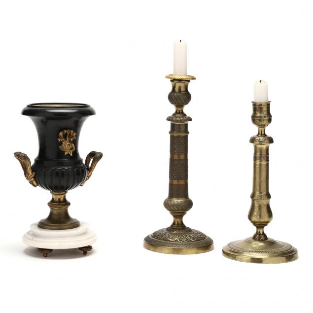 antique-french-tole-urn-and-two-brass-candlesticks