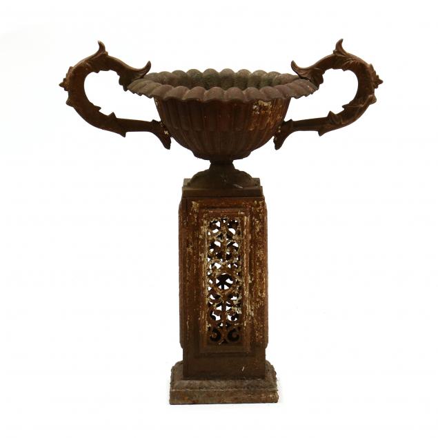 antique-cast-iron-garden-urn-on-stand
