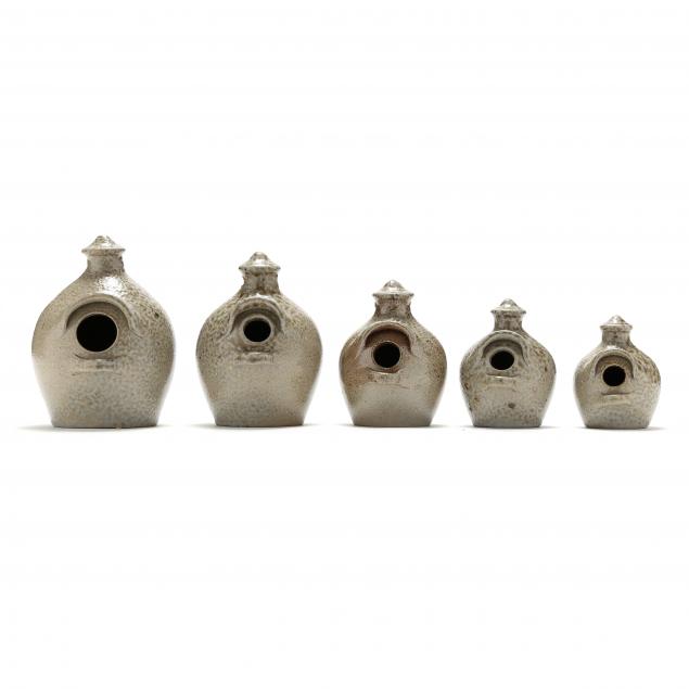 jugtown-nc-set-of-five-graduated-pottery-birdhouses