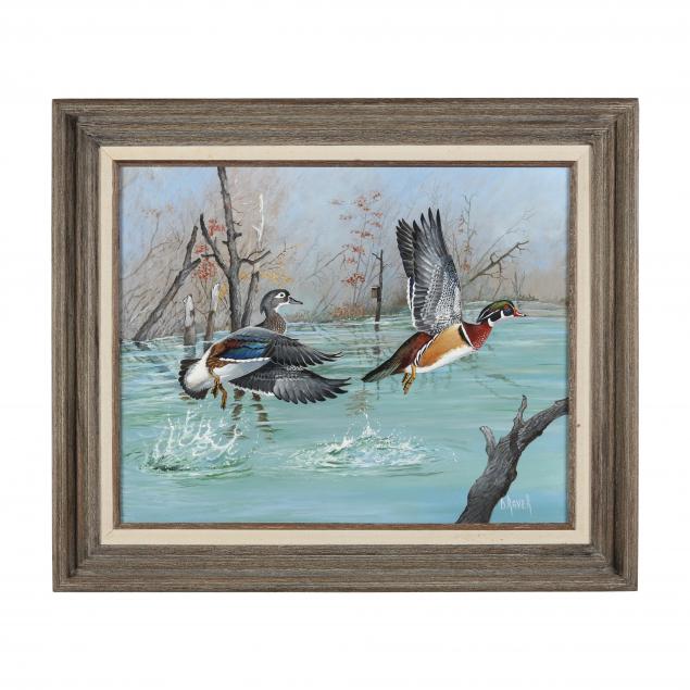 duane-raver-jr-nc-1927-2022-wood-duck-and-hen-in-flight