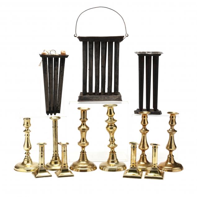 ten-antique-brass-candlesticks-and-three-candle-molds