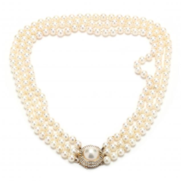 Triple Strand Pearl Necklace with Gold, Mabè Pearl, and Diamond Clasp ...