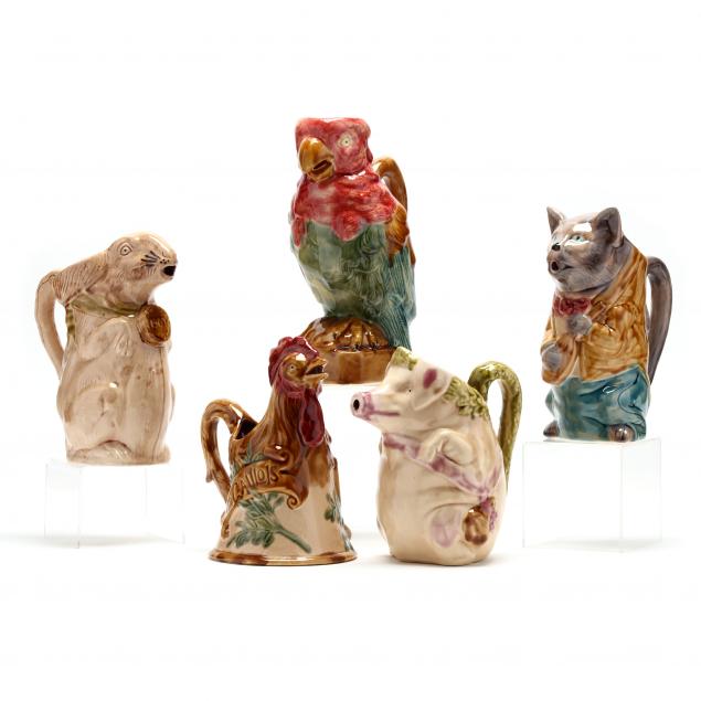 five-figural-majolica-pitchers