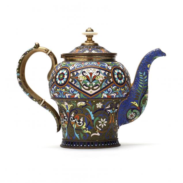 a-russian-silver-gilt-cloisonne-enamel-teapot-mark-of-pavel-ovchinnikov