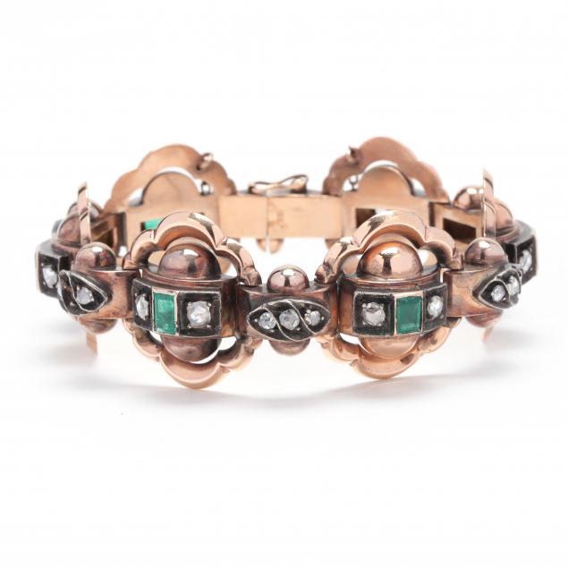 antique-rose-gold-silver-diamond-and-emerald-bracelet