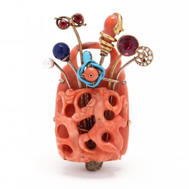 carved-coral-and-gem-set-flower-bouquet-brooch