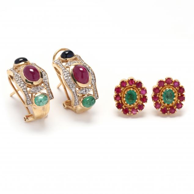 two-pairs-of-gold-and-gem-set-earrings