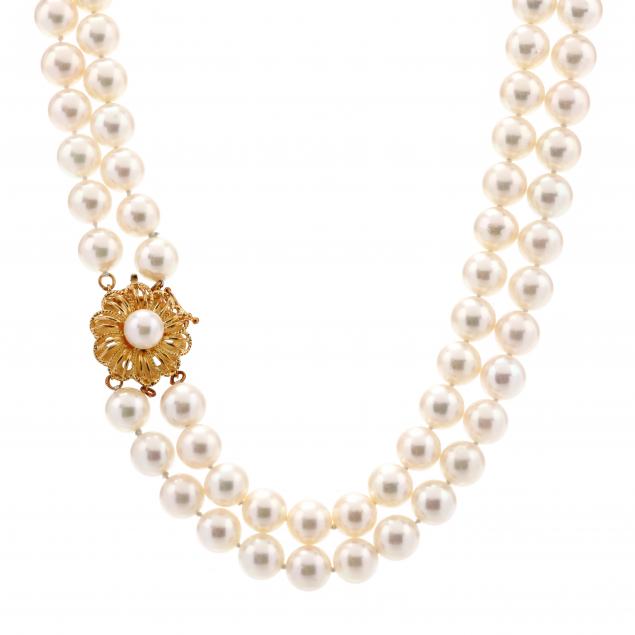 Double Strand Pearl Necklace With Gold And Pearl Clasp Lot 3037 Fine