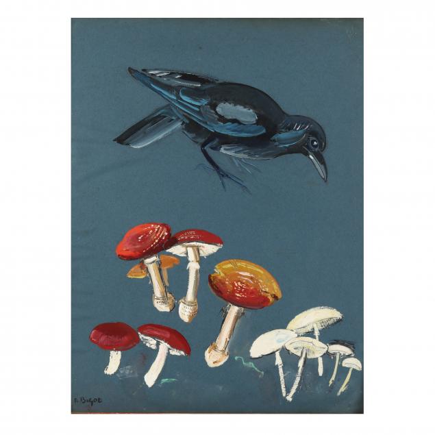 rene-bigot-french-20th-21st-century-crow-over-mushrooms