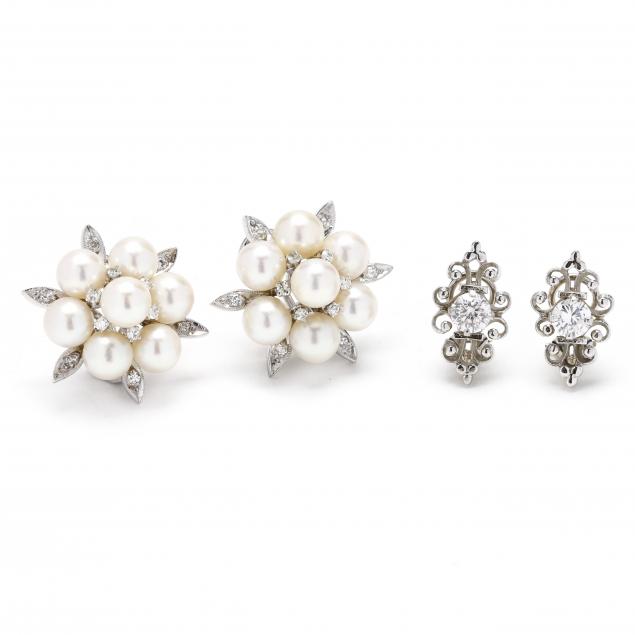 two-pairs-of-white-gold-and-gem-set-earrings