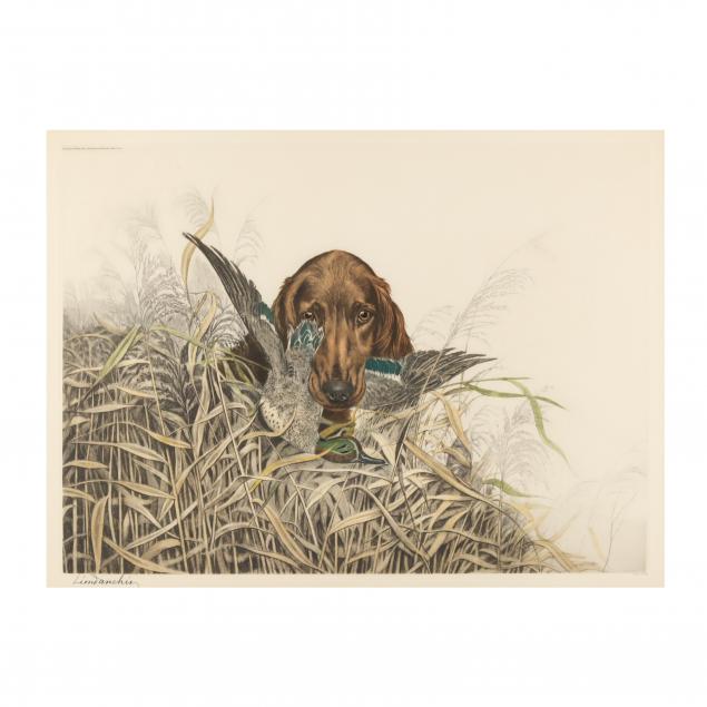 leon-danchin-french-1887-1939-i-bird-dog-irish-setter-with-winter-teal-i