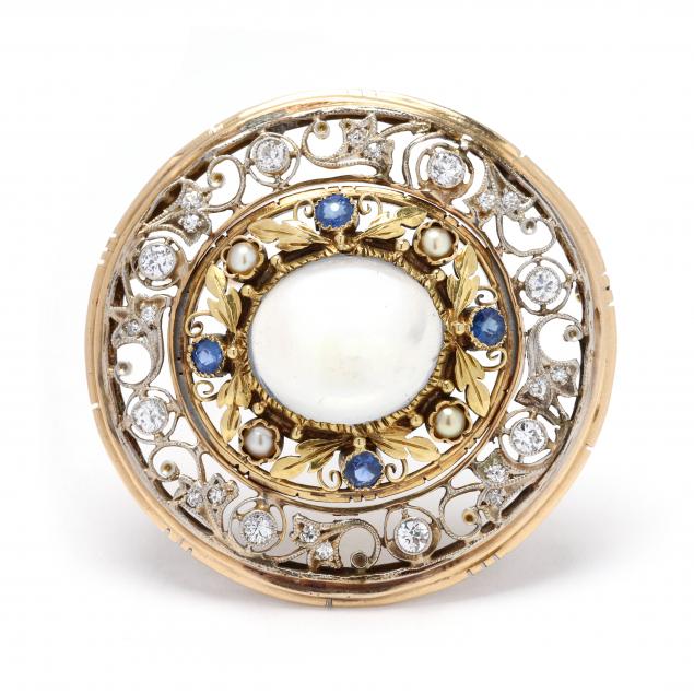 art-nouveau-gold-platinum-topped-gold-moonstone-and-gem-set-circle-brooch