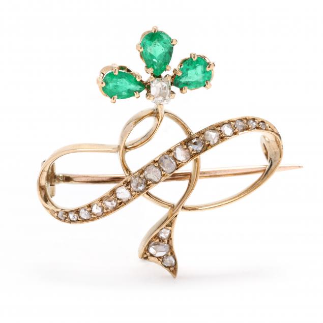 vintage-gold-diamond-and-emerald-clover-motif-brooch