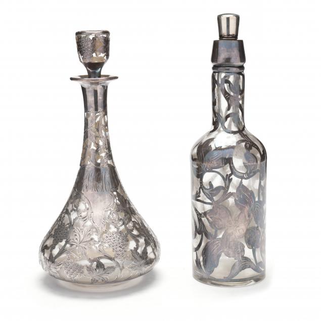 two-silver-overlay-glass-decanters