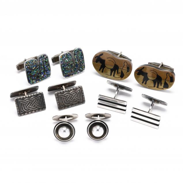 three-pairs-of-scandinavian-silver-cufflinks-and-two-pairs-of-mexican-silver-cufflinks