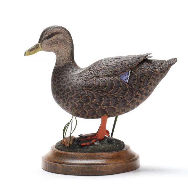 mike-and-nancy-scherer-il-miniature-black-duck-on-wooden-base