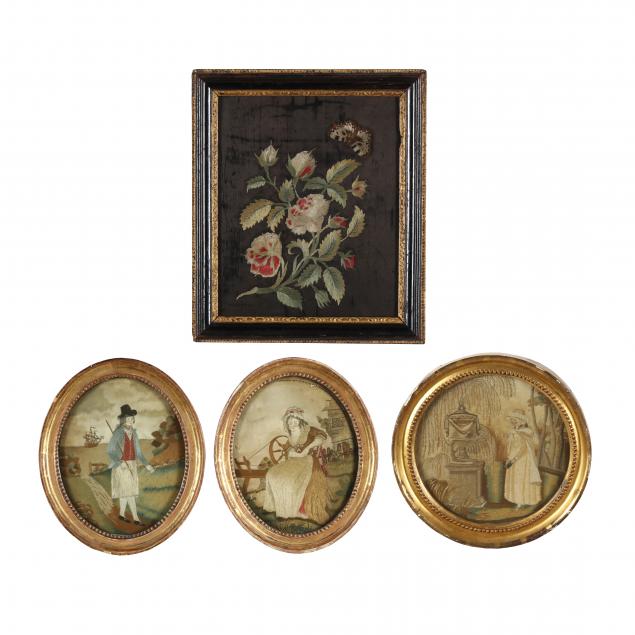 group-of-four-framed-silk-embroideries