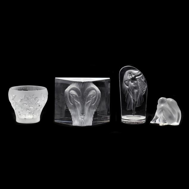 three-pieces-of-lalique-crystal-and-a-prism-sculpture