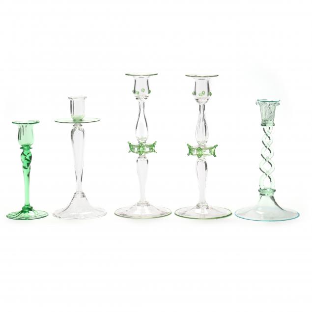 five-assorted-venetian-glass-candlesticks-in-green