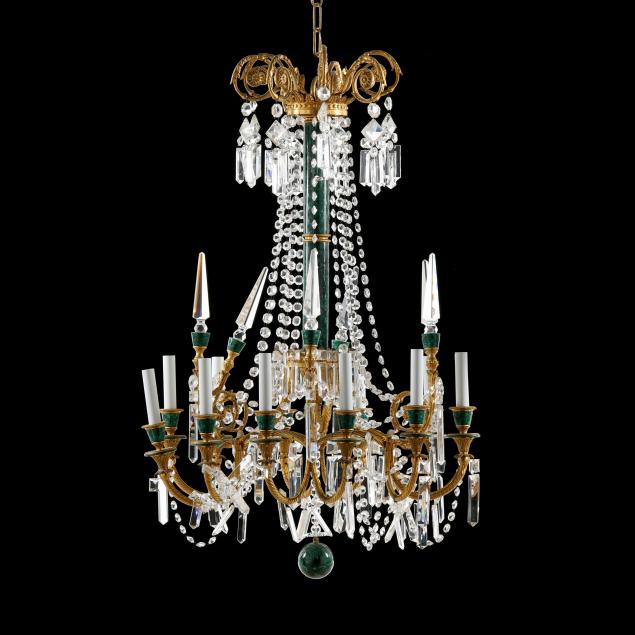 a-neoclassical-style-twelve-light-brass-and-malachite-chandelier