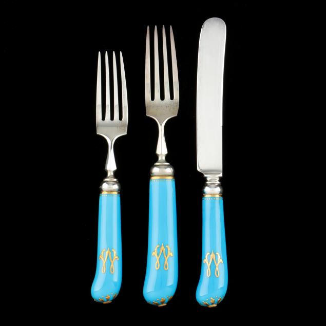 An Unusual Set of Gorham Porcelain Handled Sterling Silver Flatware ...