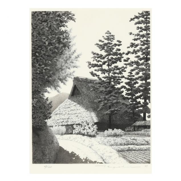 tanaka-ryohei-japanese-1922-2019-etching-of-a-japanese-farmhouse