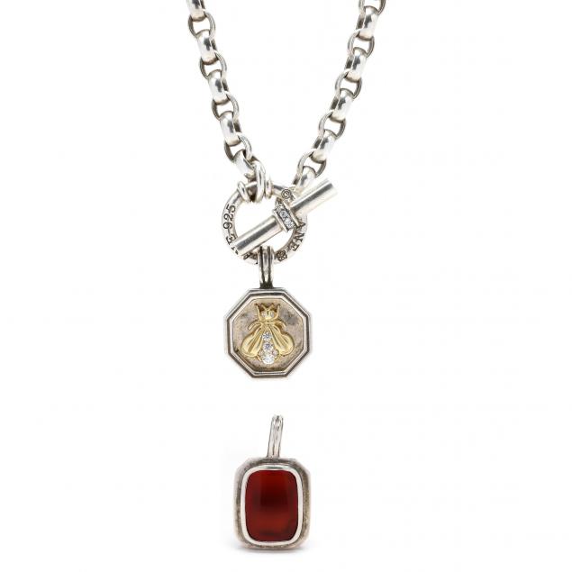 sterling-silver-necklace-with-gold-and-diamond-bee-pendant-and-a-silver-and-carnelian-pendant-slane-slane