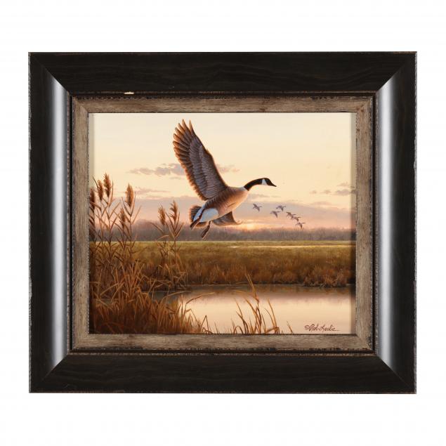 rob-leslie-american-b-1947-i-canada-goose-and-sunset-i