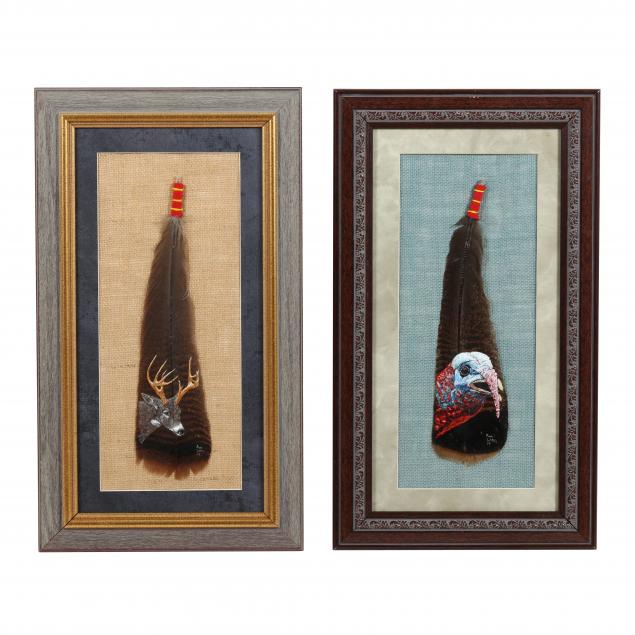 ron-willis-american-framed-feather-paintings-of-a-turkey-and-stag-two-works