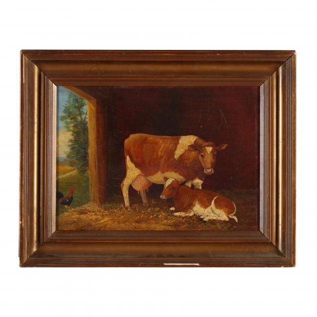 english-school-early-20th-century-cow-and-calf-in-a-barn