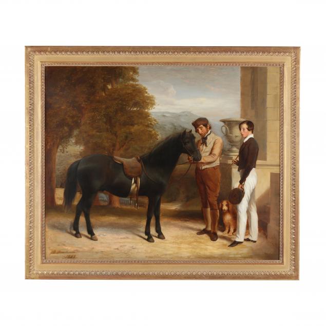 robert-frain-english-fl-1830-1870-i-portrait-of-a-boy-with-his-pony-a-groom-and-a-spaniel-outside-a-house-i