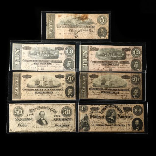 seven-7-confederate-banknotes-february-17th-1864-issue