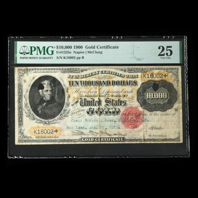 1900-10-000-gold-certificate-fr-1225e-napier-mcclung-pmg-very-fine-25