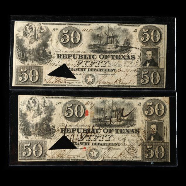 two-2-republic-of-texas-austin-heavily-cancelled-50-banknotes