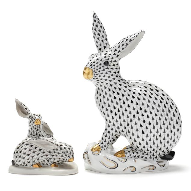 two-herend-black-fishnet-bunny-figures