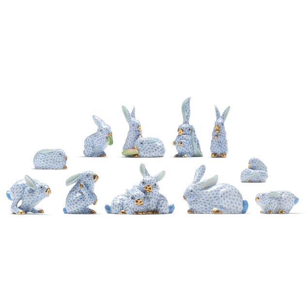 a-group-of-eleven-herend-blue-fishnet-bunnies