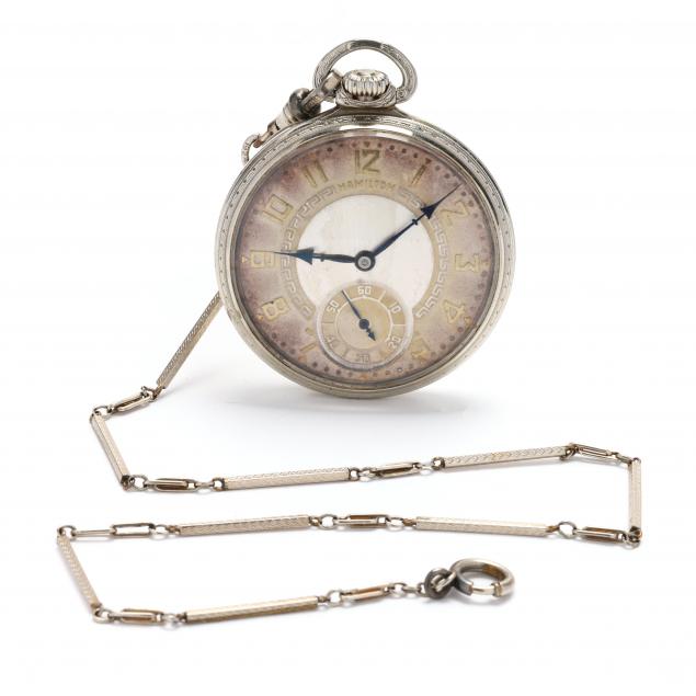 white-gold-open-face-pocket-watch-by-hamilton-and-watch-chain