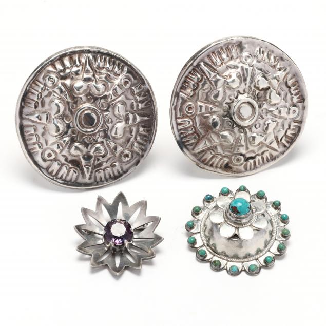 three-silver-brooches-and-one-silver-brooch-pendant-mexico