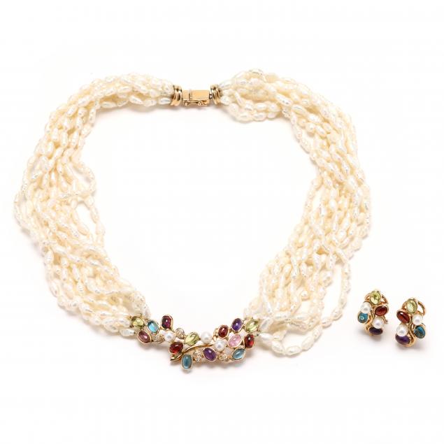 multi-strand-freshwater-pearl-and-gem-set-necklace-and-earrings