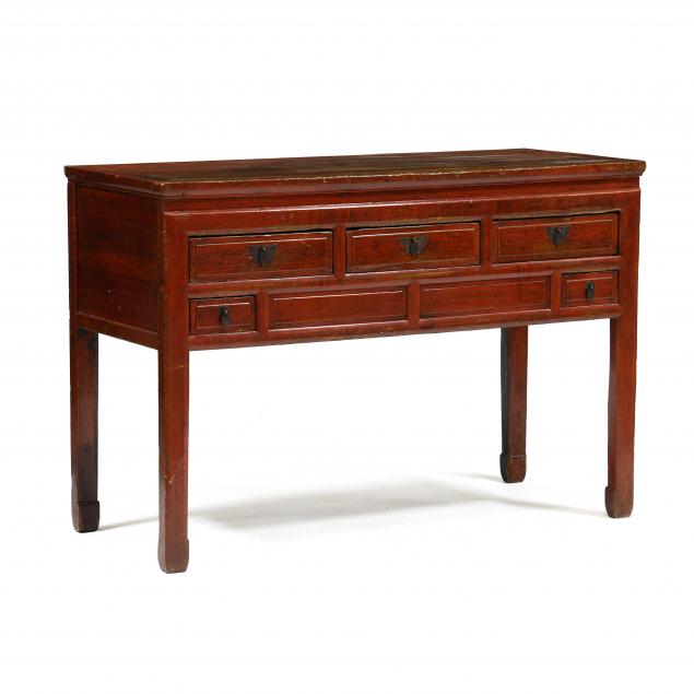 chinese-red-lacquered-five-drawer-table