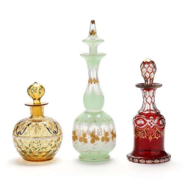 three-antique-decorated-glass-scent-bottles