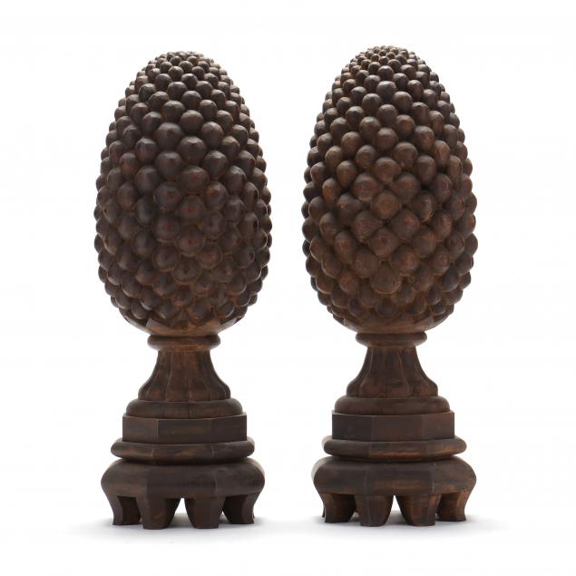 pair-of-oversized-carved-wood-pinecone-finials