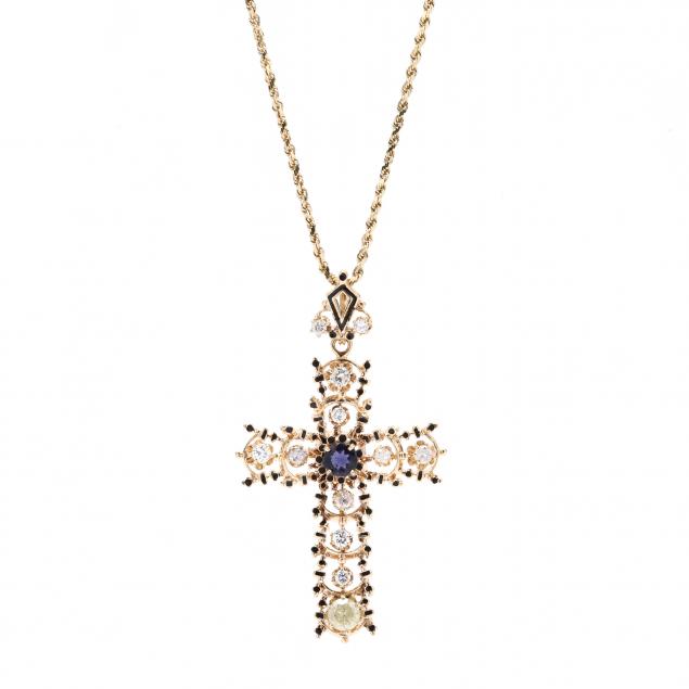 gold-enamel-diamond-and-gem-set-cross-pendant