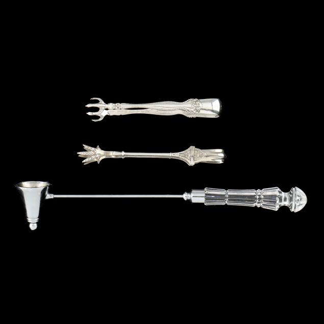 two-pairs-of-sterling-silver-tongs-and-a-candle-snuffer