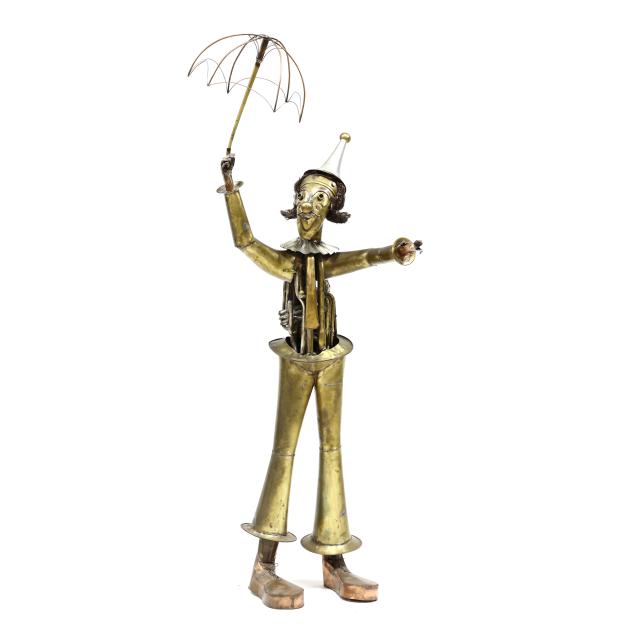 life-sized-fabricated-metalwork-statue-of-a-clown-with-umbrella