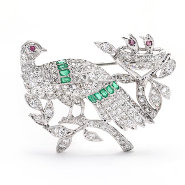 vintage-platinum-diamond-emerald-and-ruby-bird-brooch